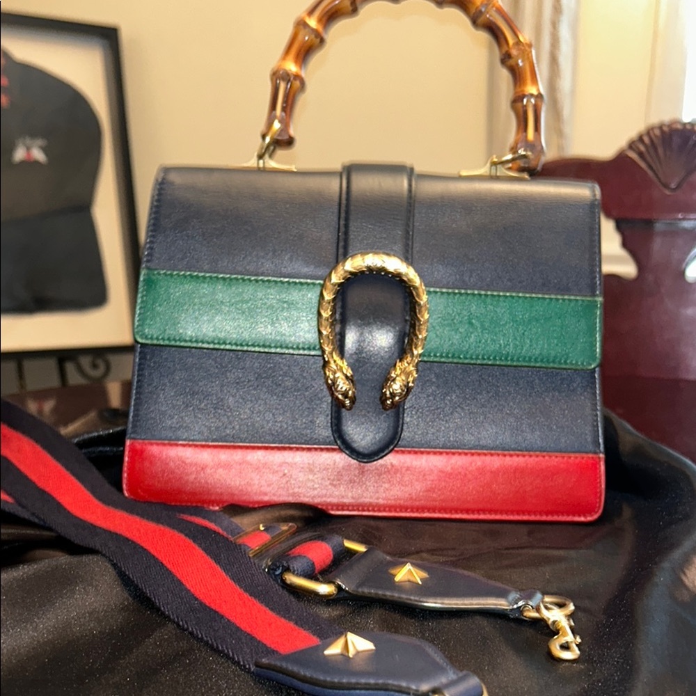 🛎️Gucci Dionysus Navy, Green, and Red Leather Satchel with Bamboo Handle🔥 - Picture 5 of 12